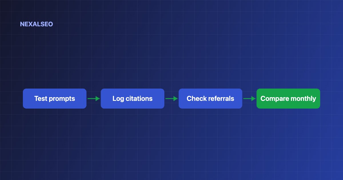AI citations measurement routine: test prompts, log citations, check referrals and compare monthly